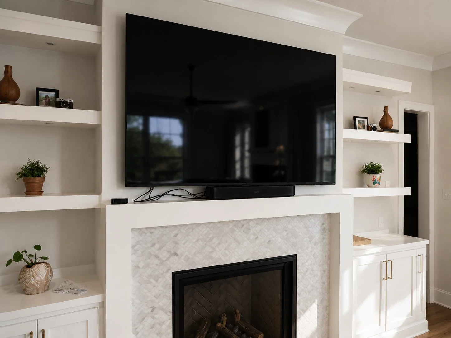 TV mounted on brick wall
