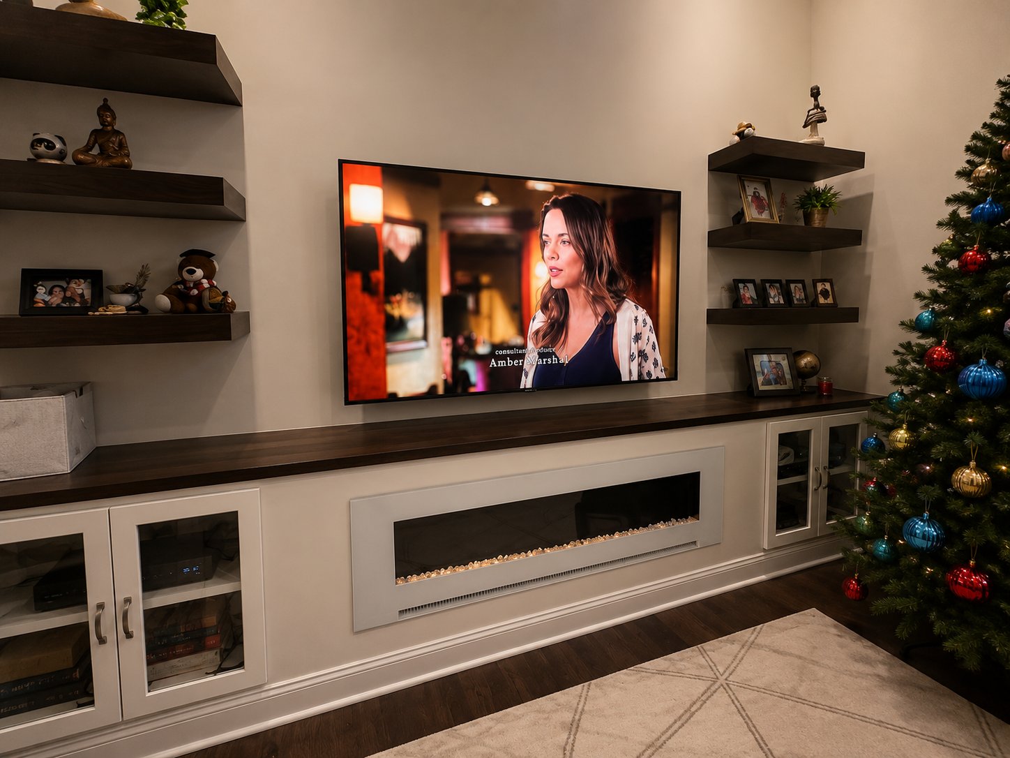 Articulating full-motion TV mount on corner wall in Morrisville NC
