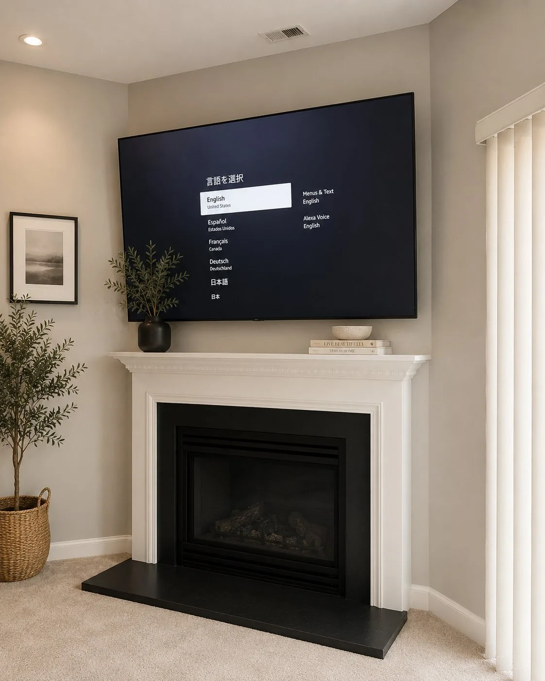 TV over classic white fireplace mantel clean finish Triangle NC