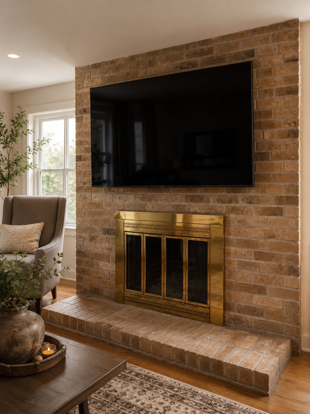 TV on brick wall with soundbar shelf mounted below Raleigh NC