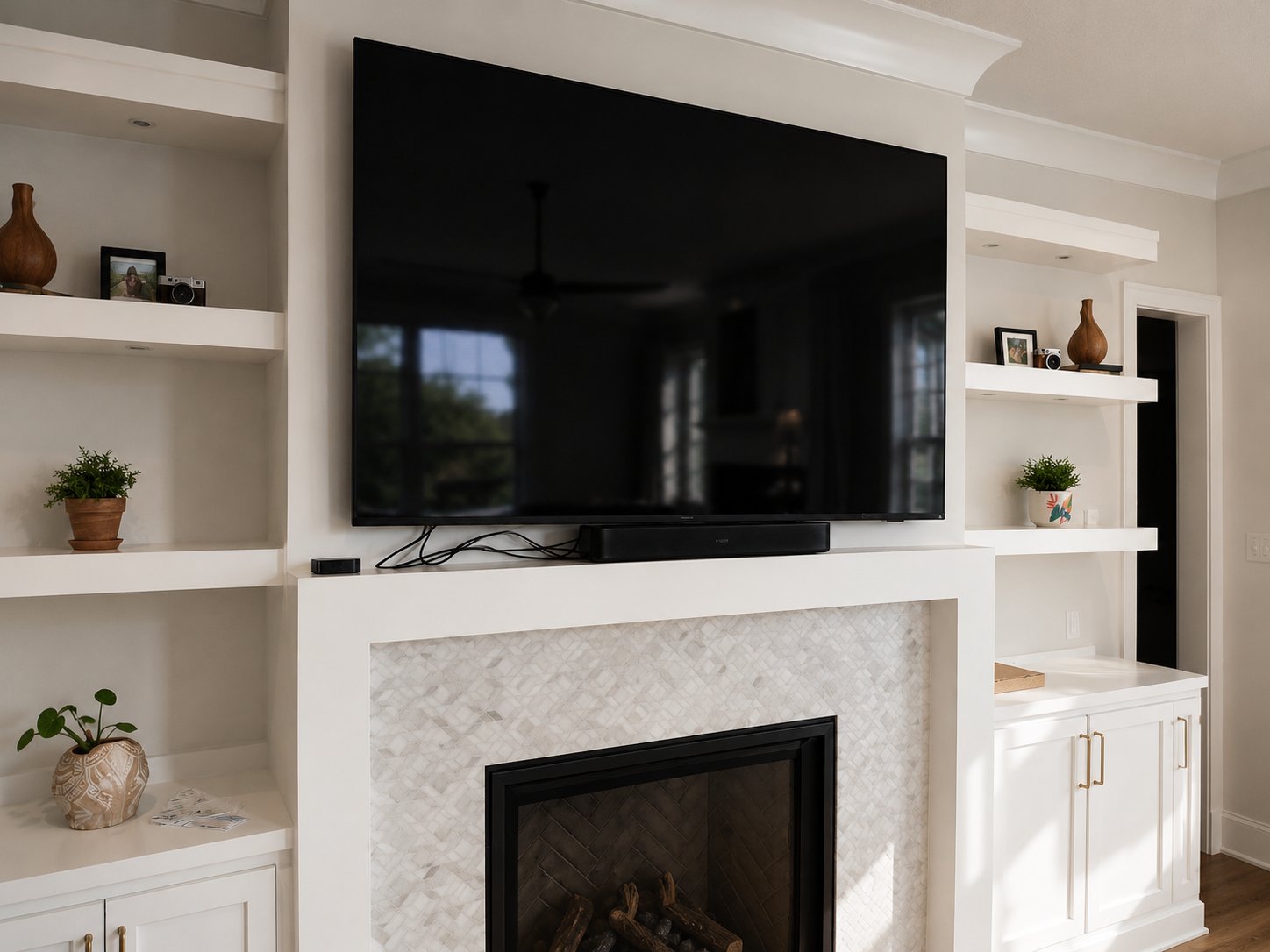 TV in vaulted ceiling bonus room with angled mount Morrisville NC