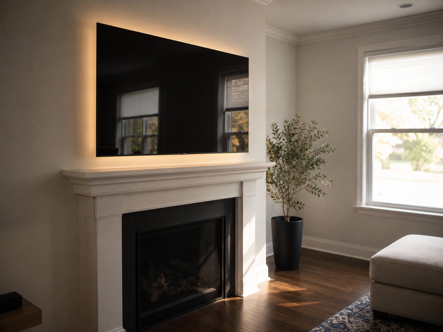 TV with LED backlight installation on wood slat accent wall Raleigh NC