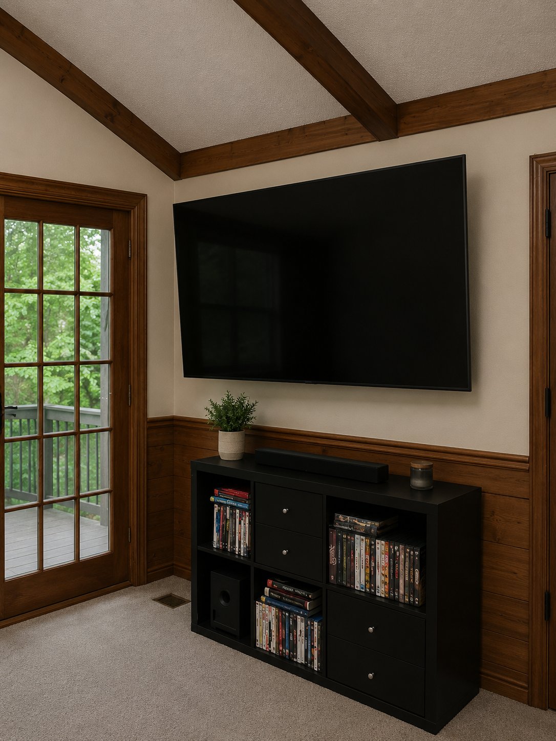 Large format TV on wood slat accent wall LED backlight Raleigh NC