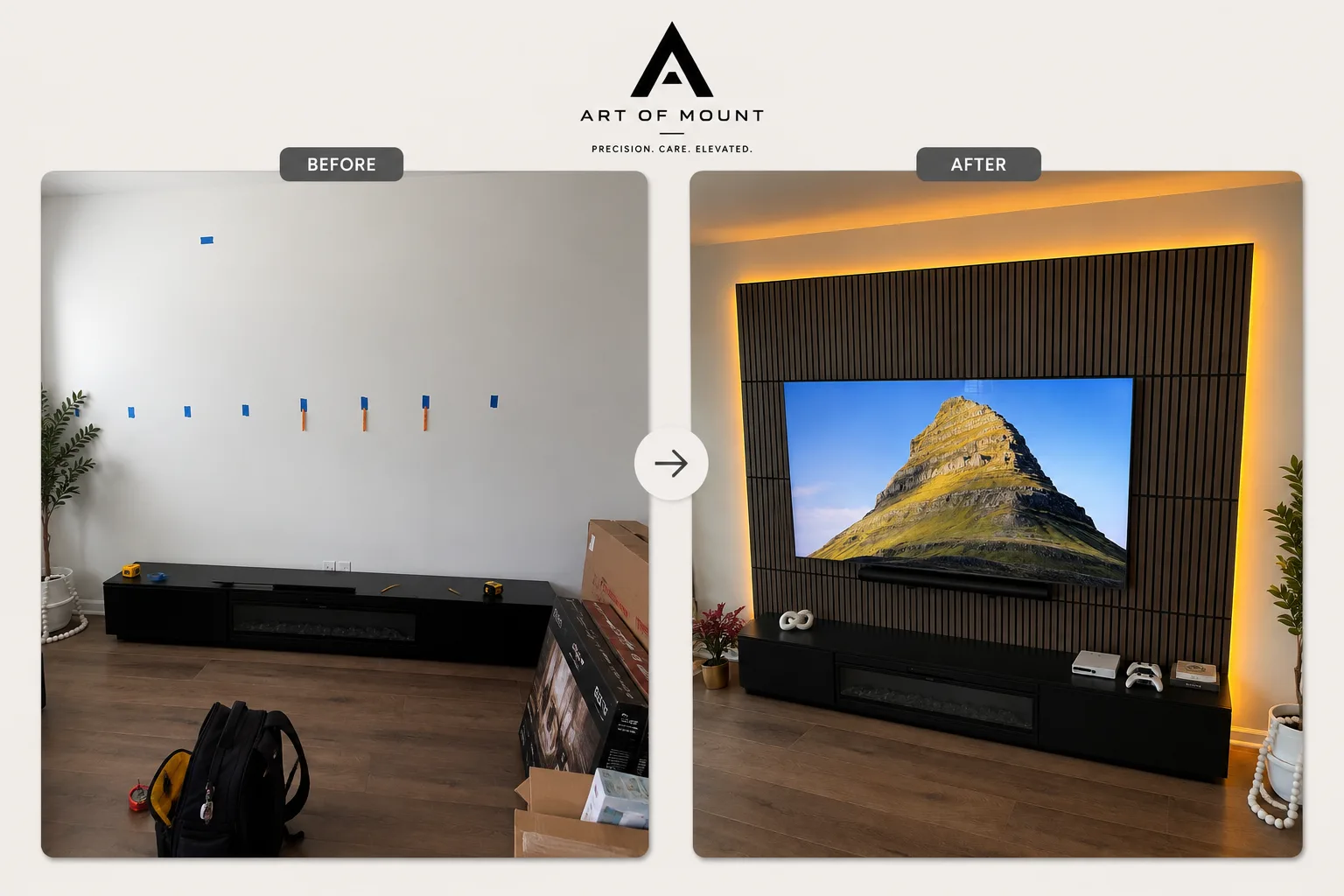 Before and after custom slat wall with 85 inch TCL TV LED backlight and Sonos soundbar Chapel Hill NC