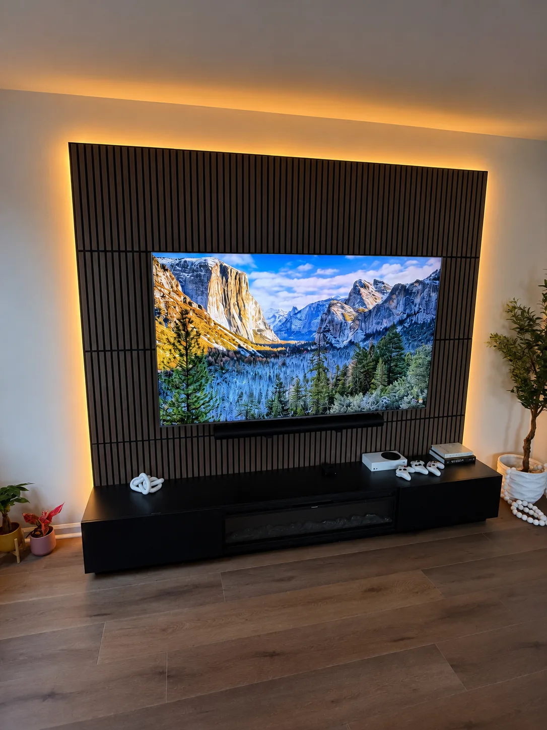 Custom floating slat wall with 85 inch TCL TV LED backlight wide view Chapel Hill