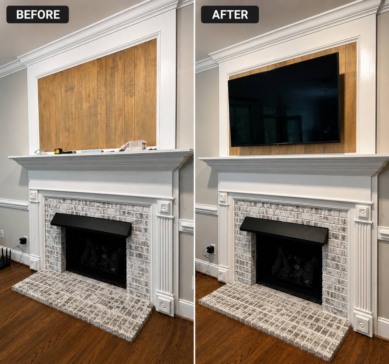 Before and after TV wire concealment above fireplace
