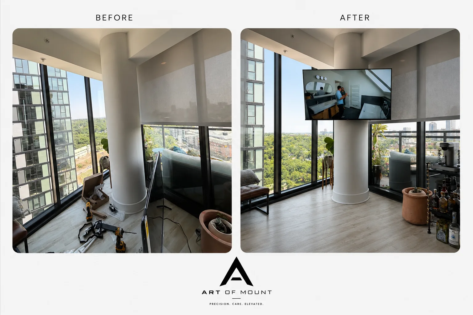 Before and after 55 inch Samsung TV mounted on solid concrete column downtown Raleigh high-rise apartment