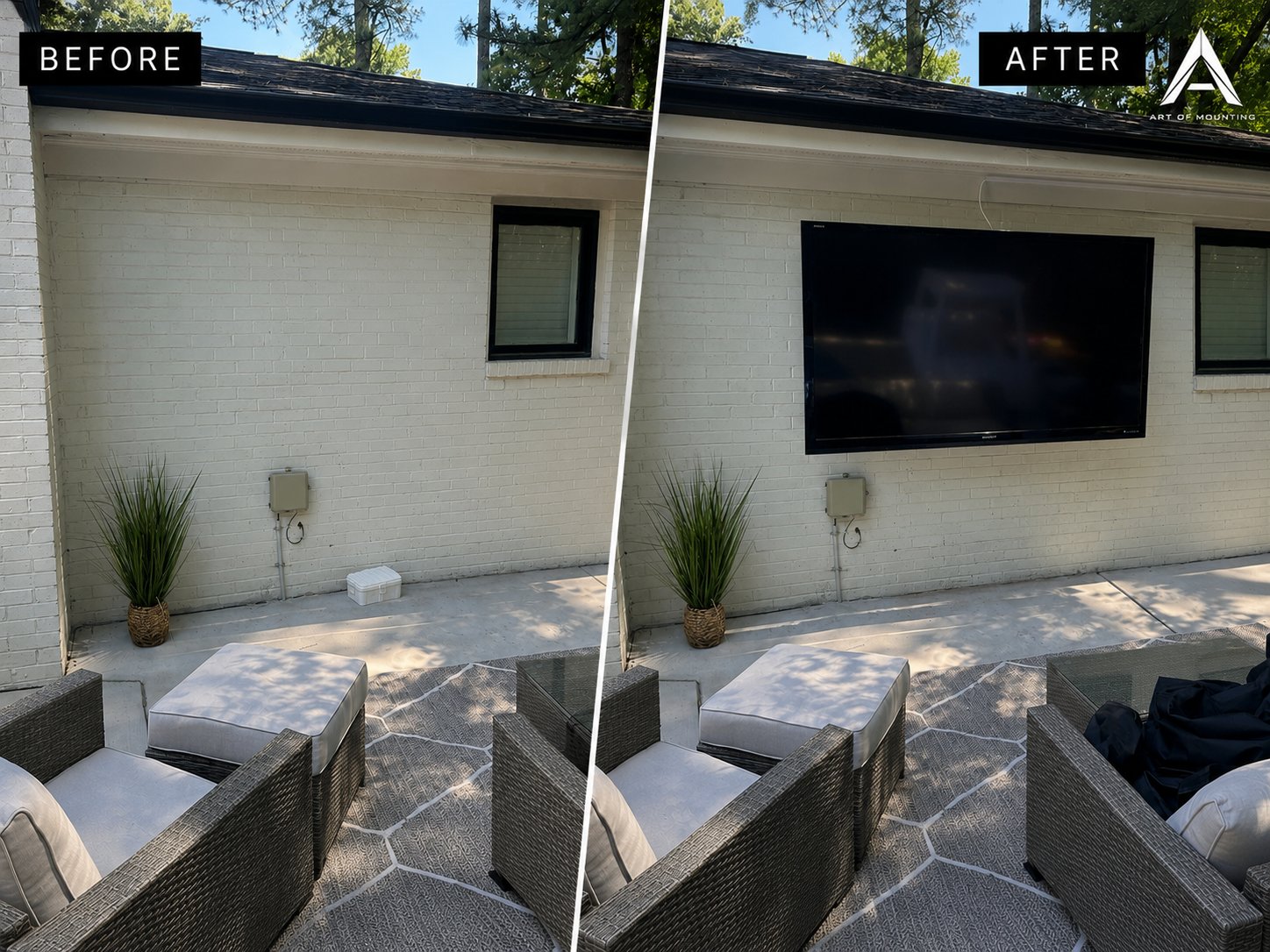 TV mounted on brick exterior wall Cary NC