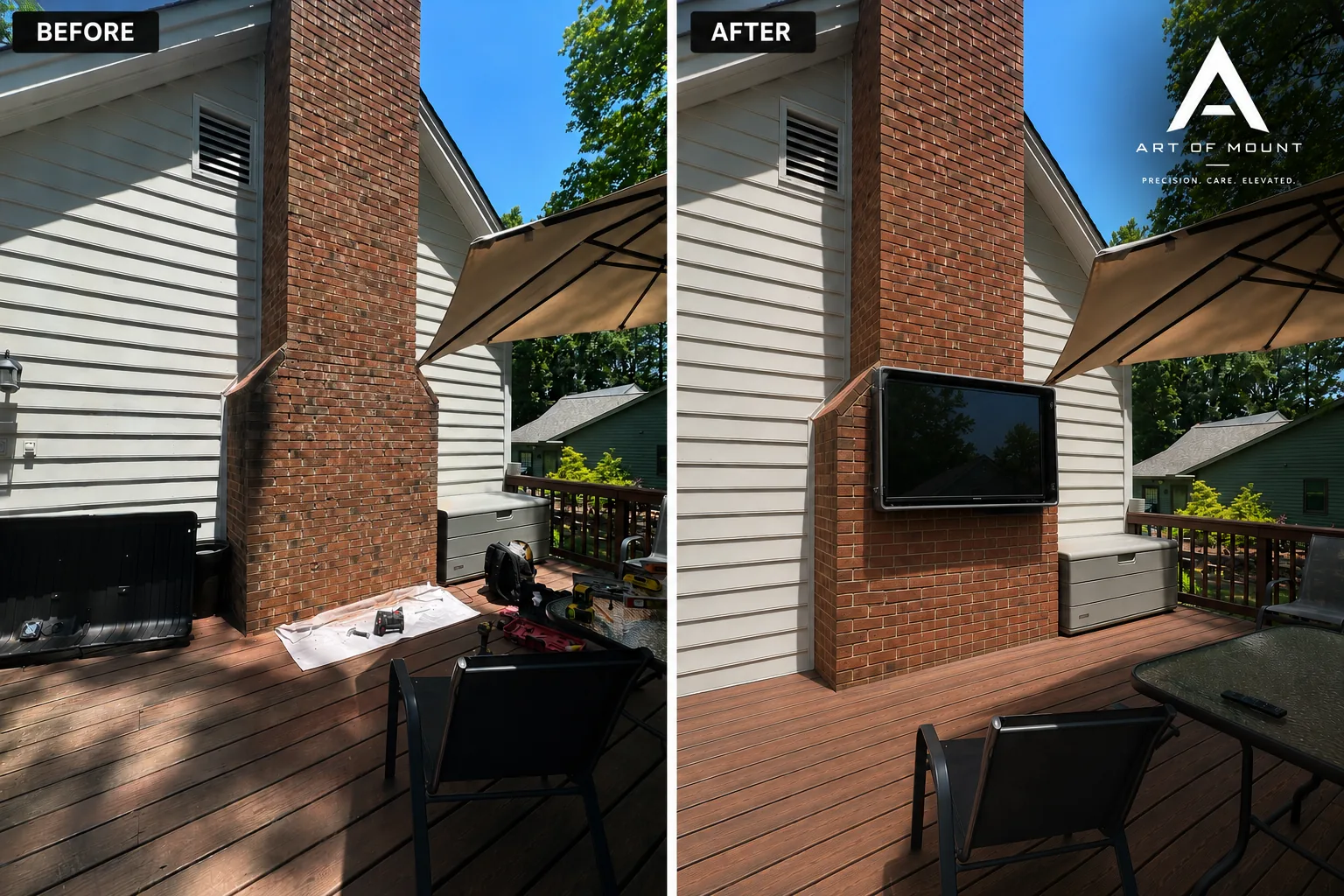 Before and after Samsung 55 inch TV mounted on exterior brick wall with Storm Shell weatherproof enclosure deck Raleigh NC