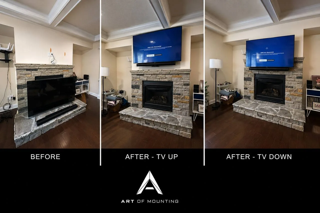 65 inch LG TV pull-down mount stone fireplace Cary NC