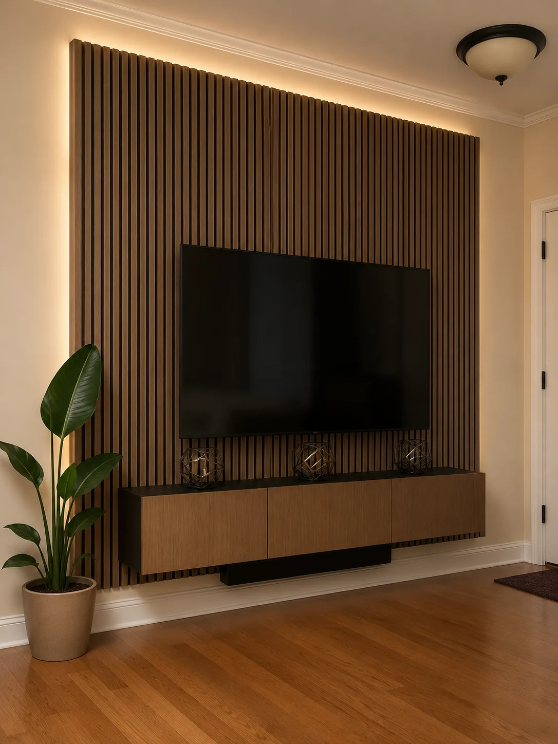 Wood slat accent wall with TV full-motion mount LED lighting floating media shelf and soundbar Cary NC